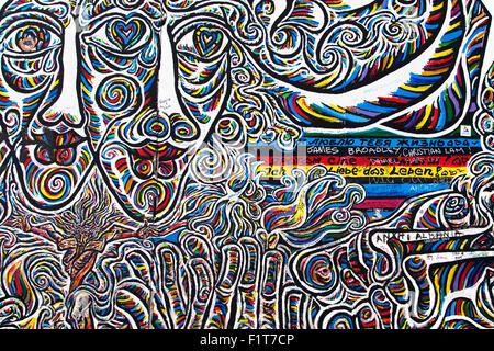 Fragment of the mural 'Worlds People' by Schamil Gimajew on the East Side Gallery on August 8, 2015 in Berlin, Germany. Stock Photo
