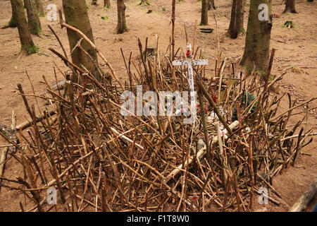 Relics of foxholes a WW2 Memorial place for American soldiers in Bois Jacques, Foy near Bastogne, Belgium Stock Photo