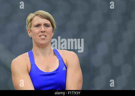 Berlin, Germany. 06th Sep, 2015. Javelin thrower Christina Obergfoell reacts during the ISTAF athletics World Challenge in Berlin, Germany, 06 September 2015. Photo: Jens Wolf/dpa/Alamy Live News Stock Photo