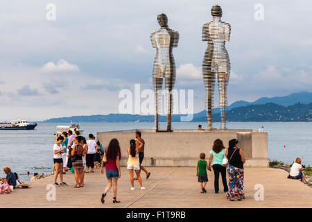 BATUMI, GEORGIA - JULY 7: Statue of Love Ali and Nino on July 7, 2015 in Batumi, Georgia. Steel Ali and Nino slowly moving towar Stock Photo