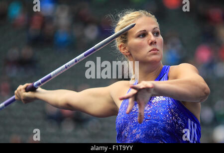 Berlin, Germany. 06th Sep, 2015. Javelin thrower Christin Hussong in action during the ISTAF athletics World Challenge in Berlin, Germany, 06 September 2015. Photo: Jens Wolf/dpa/Alamy Live News Stock Photo