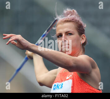 Berlin, Germany. 06th Sep, 2015. Javelin thrower Madara Palameika of Latviareacts during the ISTAF athletics World Challenge in Berlin, Germany, 06 September 2015. Photo: Jens Wolf/dpa/Alamy Live News Stock Photo