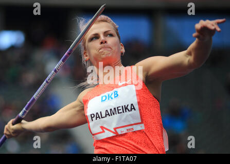 Berlin, Germany. 06th Sep, 2015. Javelin thrower Madara Palameika of Latviareacts during the ISTAF athletics World Challenge in Berlin, Germany, 06 September 2015. Photo: Jens Wolf/dpa/Alamy Live News Stock Photo