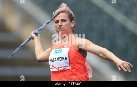 Berlin, Germany. 06th Sep, 2015. Javelin thrower Madara Palameika of Latviareacts during the ISTAF athletics World Challenge in Berlin, Germany, 06 September 2015. Photo: Jens Wolf/dpa/Alamy Live News Stock Photo