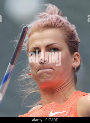 Berlin, Germany. 06th Sep, 2015. Javelin thrower Madara Palameika of Latviareacts during the ISTAF athletics World Challenge in Berlin, Germany, 06 September 2015. Photo: Jens Wolf/dpa/Alamy Live News Stock Photo