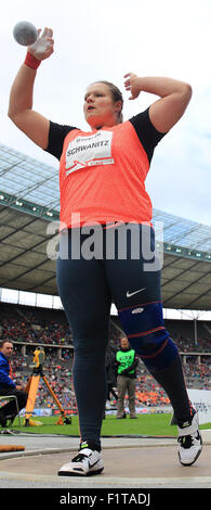 Berlin, Germany. 06th Sep, 2015. Shot putter Christina Schwanitz in action during the ISTAF athletics World Challenge in Berlin, Germany, 06 September 2015. Photo: Jens Wolf/dpa/Alamy Live News Stock Photo