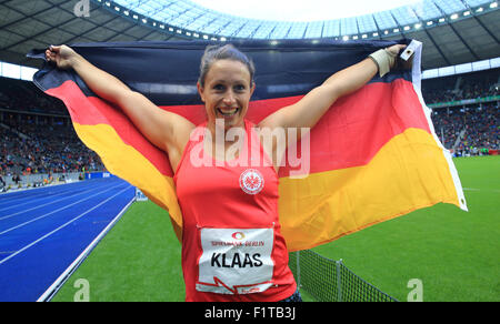 Berlin, Germany. 06th Sep, 2015. Hammer-thrower Kathrin Klaas cheers during the ISTAF athletics World Challenge in Berlin, Germany, 06 September 2015. Photo: Jens Wolf/dpa/Alamy Live News Stock Photo