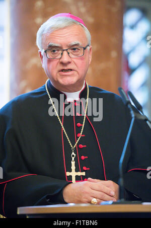 Berlin, Germany. 07th Sep, 2015. The prospective Berlin archbishop Heiner Koch speaks before he swears the oath of fealty at the coat of arms hall at the Rotes Rathaus (lit. Red City Hall) in Berlin, Germany, 07 September 2015. He was announced archbishop of Berlin as the successor of Cardinal Woelki by Pope Francis in June 2015. He will be inaugurated on 19 September 2015. Photo: Bernd von Jutrczenka/dpa/Alamy Live News Stock Photo