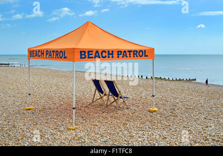 Bexhill-on-Sea, East Sussex, England, UK. Empty 'beach patrol' station on a quiet day in August Stock Photo