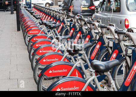 City bikes for hire in London. Known as Boris bikes these carry sponsorship from Santander. Stock Photo