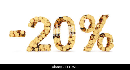 3d rendering of 20 percent price cut off. Golden discount coins letters isolated on white background Stock Photo