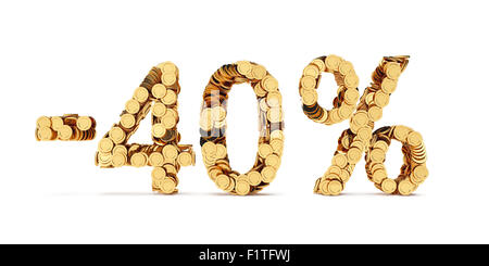 3d rendering of 40 percent price cut off. Golden discount coins letters isolated on white background Stock Photo