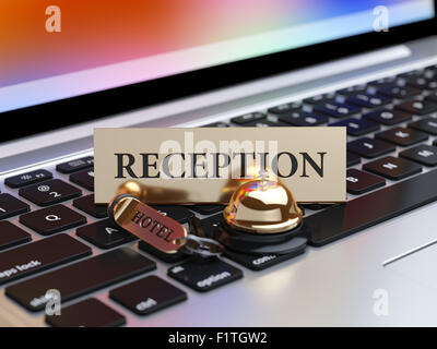 3d rendering of reception bell and room access key on the laptop keyboard with soft focus. Booking concept Stock Photo