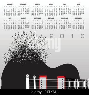 2016 Music Calendar With Notes for Print or Web Stock Vector