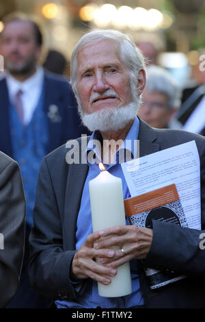 Dr. RUPERT NEUDECK during the first Interfaith Peace Pilgrimage in Kevelaer/Germany on May 28th 2015. Rupert Neudeck (born May 14th. 1939 in Danzig) is a German journalist, co-founder of the Cap Anamur German emergency doctors and Chairman of the 'Green Helmets' Peace Corps. Neudeck became known worldwide by the 1979 rescue of thousands of Vietnamese refugees (so-called 'boat people') in the China Sea with his boat Cap Anamur. Stock Photo