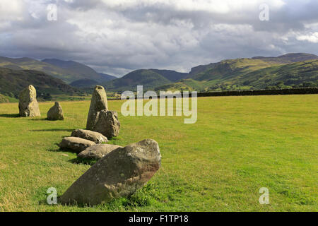 Castlerigg Stone Circle with distant Helvellyn mountain range and Castlerigg Fell, Cumbria, Lake District National Park, England, UK. Stock Photo