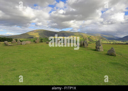 Castlerigg Stone Circle with distant Clough Head and Helvellyn mountain range, Cumbria, Lake District National Park, England, UK. Stock Photo