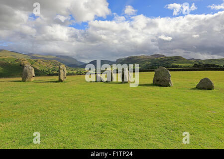 Castlerigg Stone Circle with distant Helvellyn mountain range and Castlerigg Fell, Cumbria, Lake District National Park, England, UK. Stock Photo
