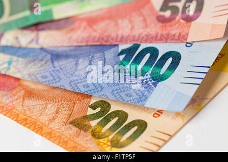 Selection of South African bank notes R10 R50 R100 and R200 Stock Photo