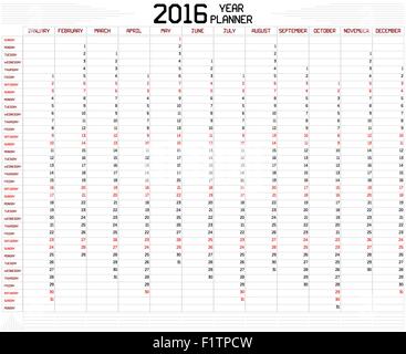 An annual planner calendar for the year 2016 on white. A custom straight lines thick font is used. Stock Vector