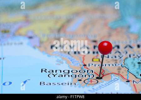 Rangoon pinned on a map of Asia Stock Photo