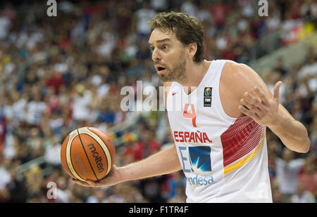 Berlin, Germany. 05th Sep, 2015. Spain's Pau Gasol gestures during the European Championship basketball match between Spain and Serbia at the Mercedes-Benz-Arena in Berlin, Germany, 05 September 2015. Photo: LUKAS SCHULZE/dpa/Alamy Live News Stock Photo