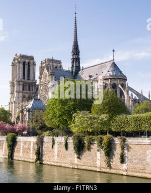 Notre-Dame Cathedral from Across the Seine. The walled river forms a base for this view of the famous cathedral's west facade. Stock Photo