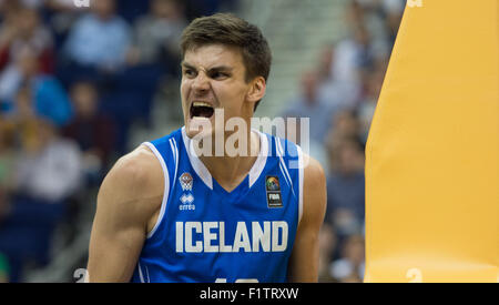 Berlin, Germany. 05th Sep, 2015. Iceland's Hordur Vilhjalmsson reacts during the European Championship basketball match between Germany and Iceland at the Mercedes-Benz-Arena in Berlin, Germany, 05 September 2015. Photo: LUKAS SCHULZE/dpa/Alamy Live News Stock Photo