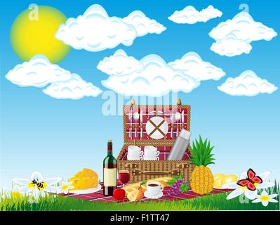 basket for a picnic with tableware and foods on nature vector illustration Stock Vector
