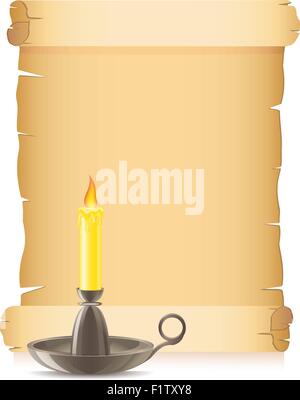 old paper and conflagrant candle in a candlestick vector illustration Stock Vector