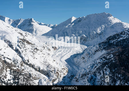 Southernmost part of the glacier tongue of the Great Aletsch Glacier, Switzerland's largest glacier, during winter. Stock Photo