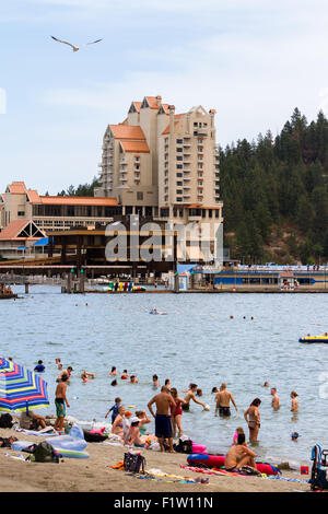 Coeur d' Alene, Idaho - August 01 : View of the Coeur d' Alene Resort with people enjoying the lake in the summer, August 01 201 Stock Photo