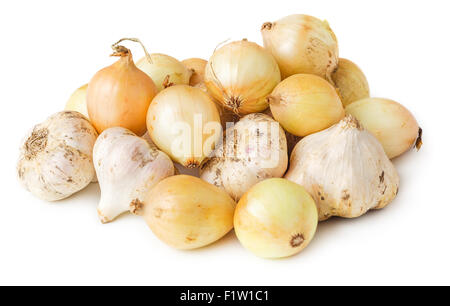 Heap of fresh yellow onions and garlic isolated on white background Stock Photo