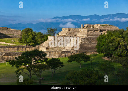 SYSTEM IV BUILDING K is a temple in the  GRAND PLAZA at MONTE ALBAN the ZAPOTEC CITY which dates back to 500 BC - OAXACA, MEXICO Stock Photo