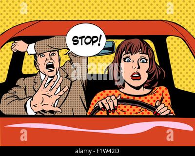 stop woman driver driving school panic calm Stock Vector
