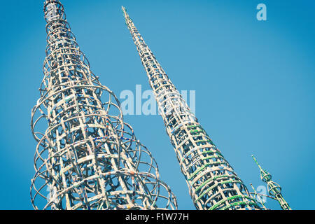 View of the three main Watts Towers spires from the ground looking up Stock Photo