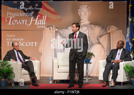 North Charleston, South Carolina, USA. 7th September, 2015. Senator and GOP presidential candidate Marco Rubio gives opening remarks during Tim's Presidential Town Hall meeting as Sen. Tim Scott and Rep. Trey Gowdy look on August 7, 2015 in North Charleston, SC. Stock Photo