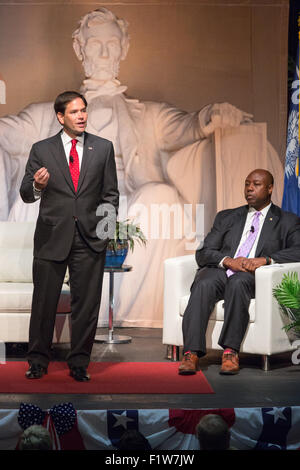 North Charleston, South Carolina, USA. 7th September, 2015. Senator and GOP presidential candidate Marco Rubio gives opening remarks during Tim's Presidential Town Hall meeting as Sen. Tim Scott looks on August 7, 2015 in North Charleston, SC. Stock Photo