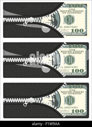one hundred dollars in your wallet with open zipper vector illustration Stock Vector