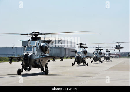 Tianjin, China. 7th Sep, 2015. Gunships practise taking-off for the coming China Helicopter Exposition at a helicopter base of Aviation Industry Corporation of China in the Airport Area of China Pilot Free Trade Zone of Tianjin, north China, Sept. 7, 2015. The exposition will be opened on Sept. 9. © Wang Huan/Xinhua/Alamy Live News Stock Photo