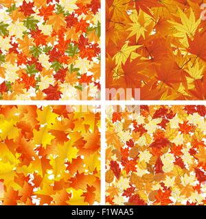 Seamless Autumn  Leaves Pattern Set. Elegant Design With Maple, Oak and Birch tree leaves With Ideal Balanced Colors. Easy Use For Wallpaper, Pattern, Web Page Background, Textures.  Vector Illustration. Stock Vector