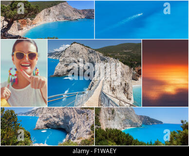 Famous European beach Porto Katsiki. Photo collage from Lefkada, Greek island on Ionian Sea Stock Photo
