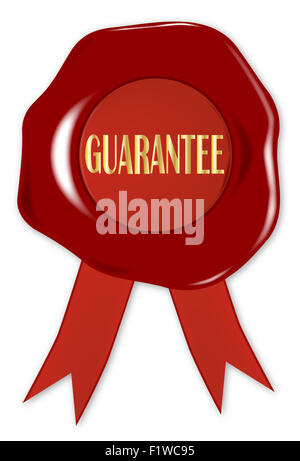 A wax seal with the word 'GUARANTEE' embossed in gold text Stock Photo