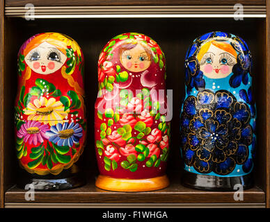 Three Matryoshka (Russian) dolls on a shelf, Prague, Czech Republic. Stock Photo