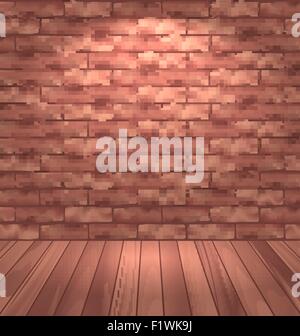 Brown brick wall with wooden floor, empty room interior with lig Stock Vector