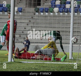 Windsor Park, Belfast, UK. 7th September, 2015. Northern Ireland striker Kyle Lafferty gets to his feet after scoring a late equaliser against Hungary. David Hunter/Alamy Live News. Stock Photo