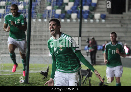 Windsor Park, Belfast, UK. 7th September, 2015. Northern Ireland striker Kyle Lafferty celebrates his late equaliser in the 1-1 draw against Hungary. David Hunter/Alamy Live News. Stock Photo