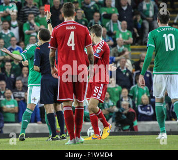 Windsor Park, Belfast, UK. 7th September, 2015. Northern Ireland defender Chris Baird is sent off by referee Cüneyt Çakιr in their game against Hungary. David Hunter/Alamy Live News. Stock Photo