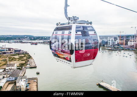 Emirates Air Line cable car across the River Thames from North Greenwich to Royal Victoria Dock, London, England, U.K