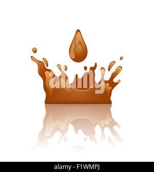 Chocolate splash crown with droplet and reflection, isolated on Stock Vector